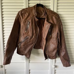 Cropped brown leather moto jacket